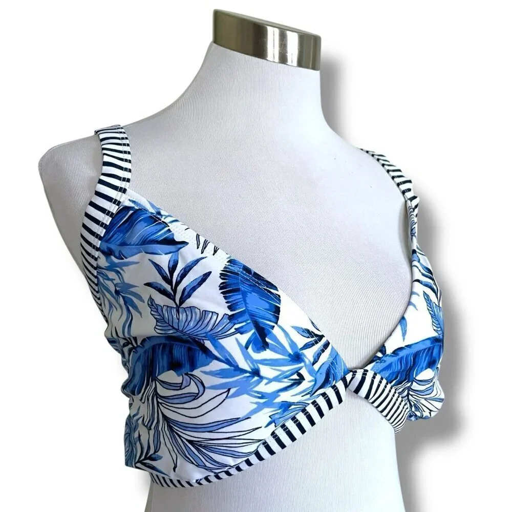 No Boundaries Womens Bikini Plus Sz XL 3X Blue White Palm Print Cut Out Swimsuit